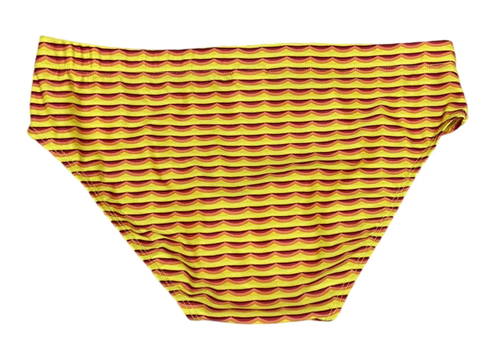 Heatwave Ripple Swim Brief — Low-Rise Yellow/Red Ripple Print, Pouch Lift