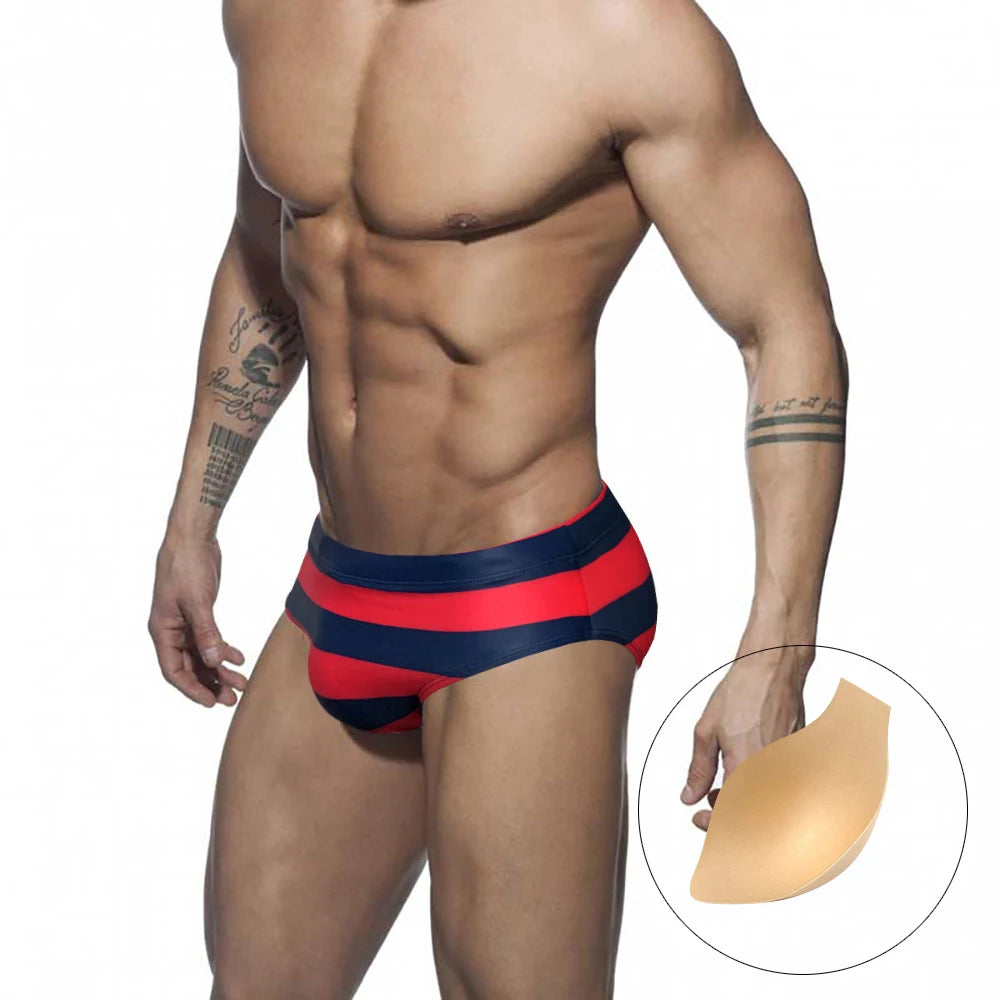 Red Rum Stripe Swim Brief — Low-Rise, Pouch Lift