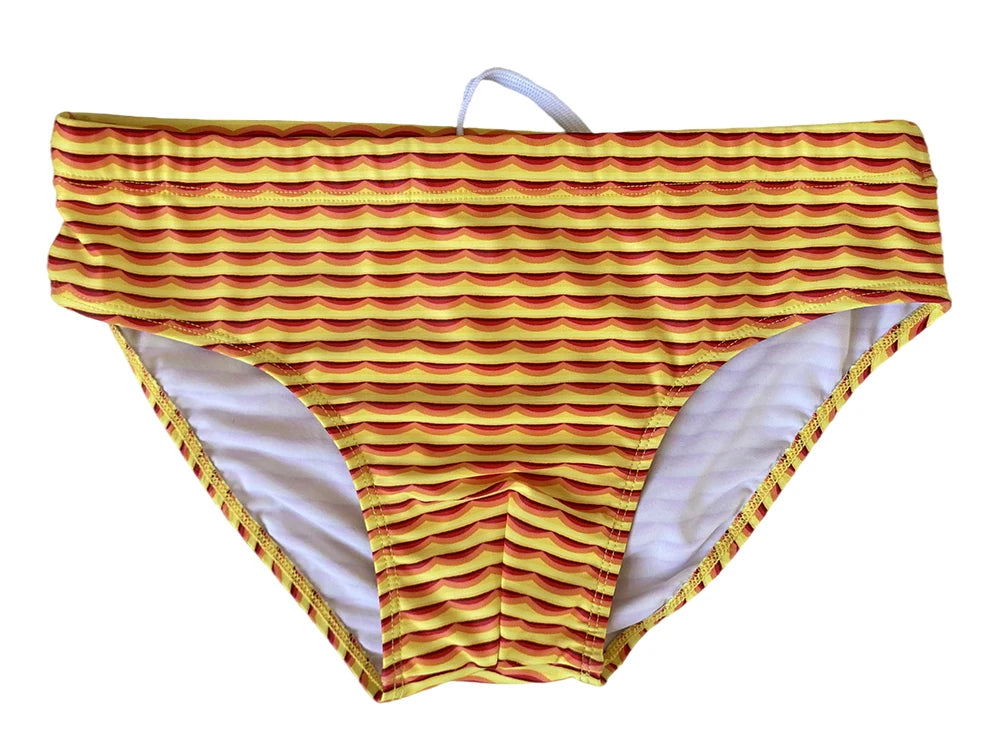 Heatwave Ripple Swim Brief — Low-Rise Yellow/Red Ripple Print, Pouch Lift